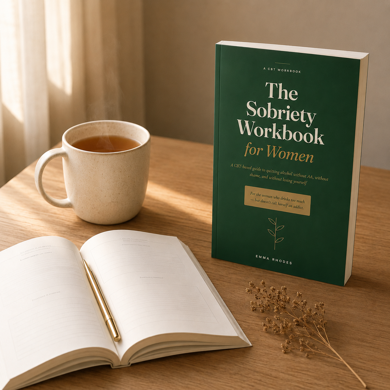 The workbook on a wooden table beside a cup of tea and an open worksheet