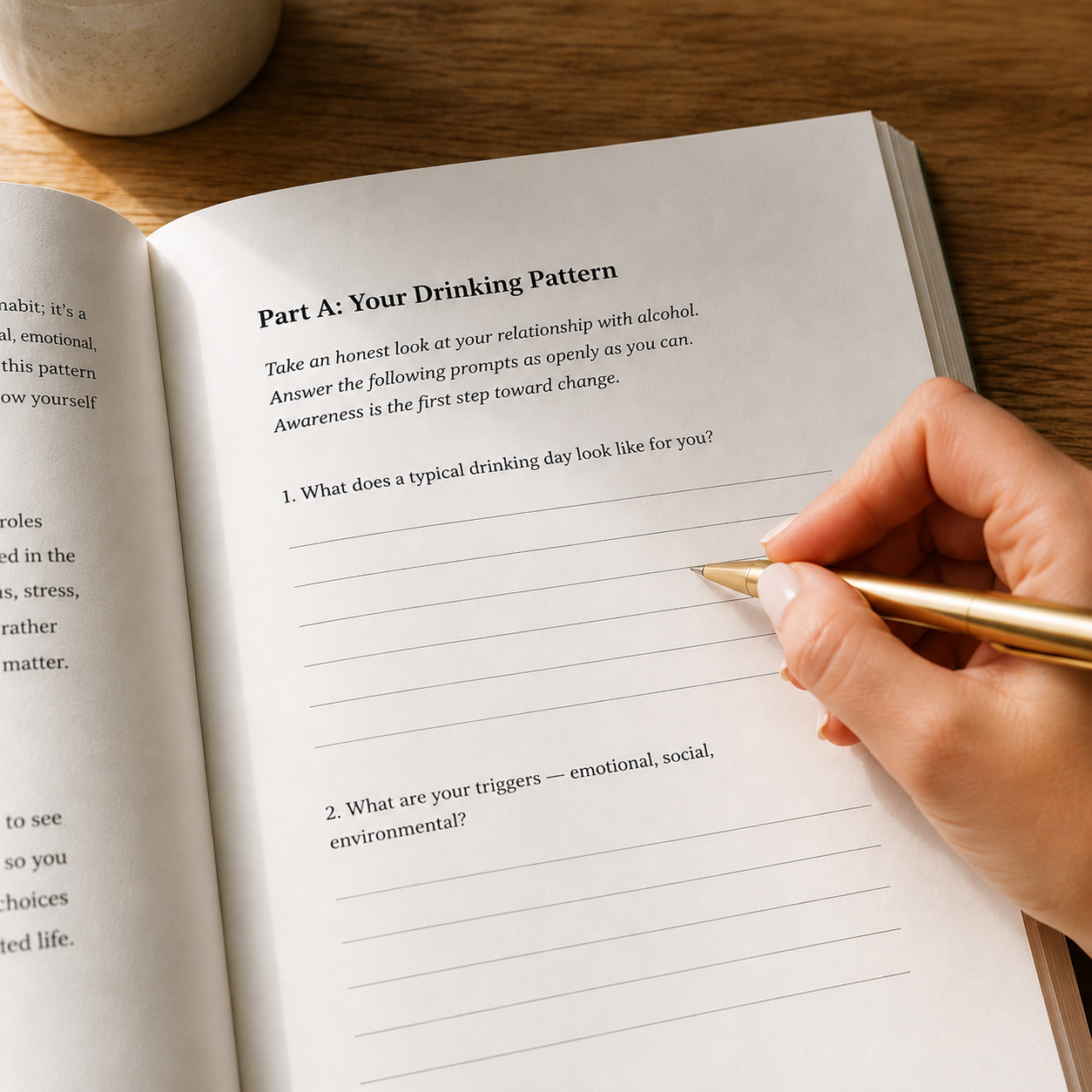 Open workbook showing a CBT worksheet titled Part A: Your Drinking Pattern